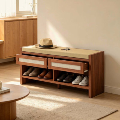 Banc à chaussures avec siège rembourré, 2 tiroirs en rotin et tablette de rangement ouverte
