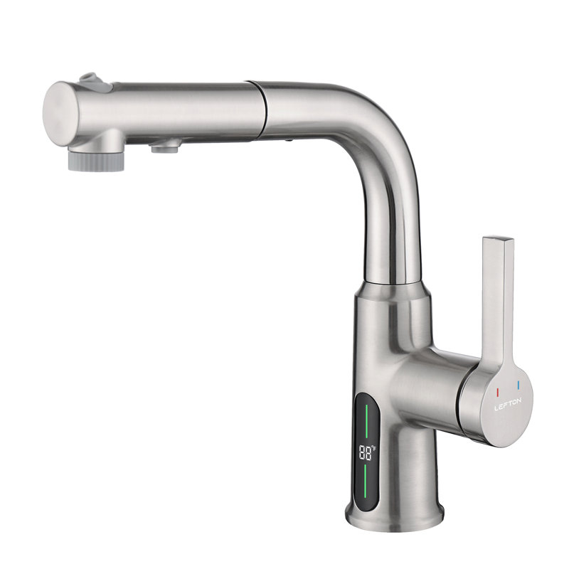 Lefton Single Hole Liftable Bathroom Faucet With Temperature Display In Fahrenheit, Pull-out Vanity Sink Faucet With 3 Water Modes For Bathroom And Laundry Room, BF2501