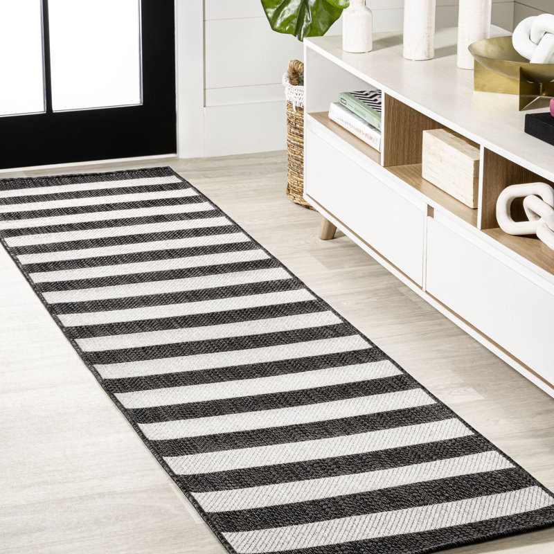 Haylia Two-Tone Wide Stripe Black/Cream Indoor/Outdoor Rug, Runner 2' x 8'