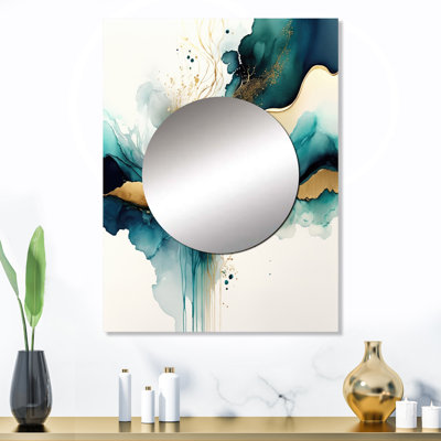 Raniah sarcelle et or abstrait Expression III - miroir mural unique à encre liquide, miroir moderne, impression d'art en métal