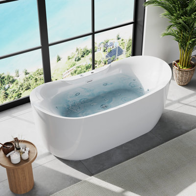71 Inch Acrylic Freestanding Whirlpool Bathtub, Dual Massage Tub with Whirlpool Jets, Air Bubbles, Integrated Heater and LED Color Therapy Light, High-Gloss White