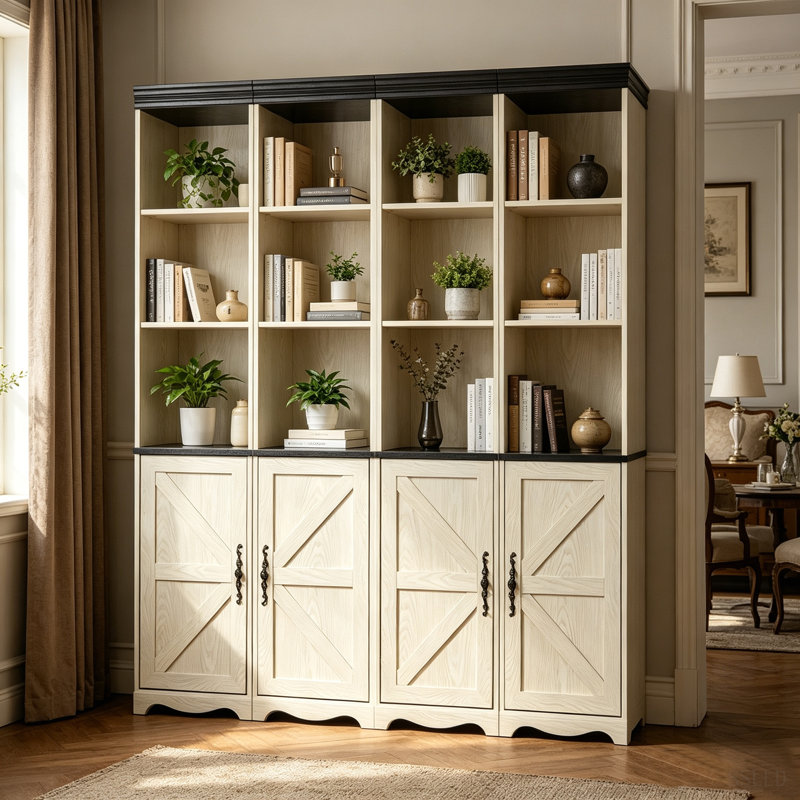 Armoire de rangement combinée 4-en-1, bibliothèque en panneau de fibres à densité moyenne à grain de bois 3D, casiers de présentation ouverts et armoires fermées avec tablette réglable, bibliothèque à combinaison libre pour le bureau d'étude de salon
