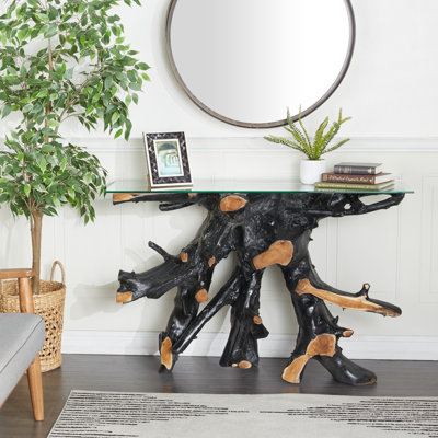 Rocton Black Teak Wood Live Edge Tree Stump Console Table with Clear Glass Top 49" x 16" x 32"