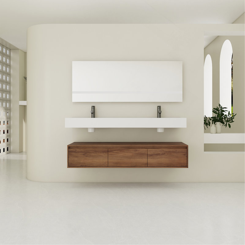 Meuble-lavabo mural de 60 po avec lavabo en résine, tiroir à fermeture en douceur et fixation flottante