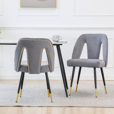 Velvet Upholstered Chair For Dining, Gray With Nailheads And Black Metal Legs, Foam Filler, 2, 31.81 In. High Contemporary Dining Gold Tipped Interior, 2 , 24.82 Deep