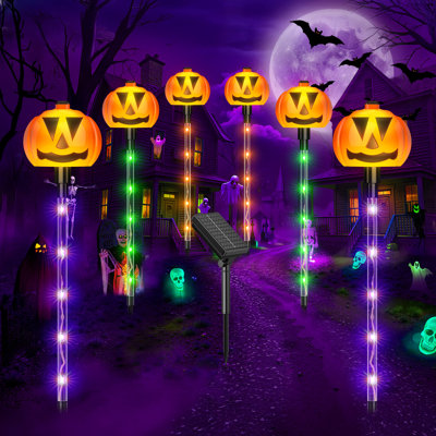 17.7'' Halloween Solar Pumpkin Pathway Lights, Jack‑O‑Lantern Stake Lights with 8 Lighting Modes, IP65 Waterproof Solar Powered Halloween Decor for Yard Lawn Garden