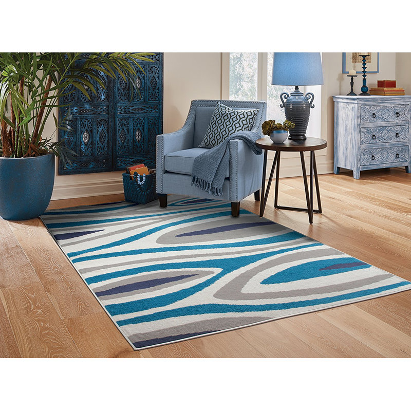 Tapis intérieur/extérieur gris/bleu à motif feuille Costantini, Rectangle 7 pi 8 po x 10 pi 6 po