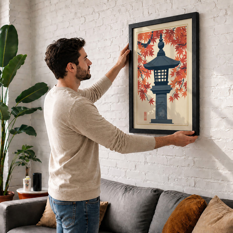 Autumn Stone Lantern Japandi - Framed Print, Unframed, A4 - 29.7 x 21.0 cm
