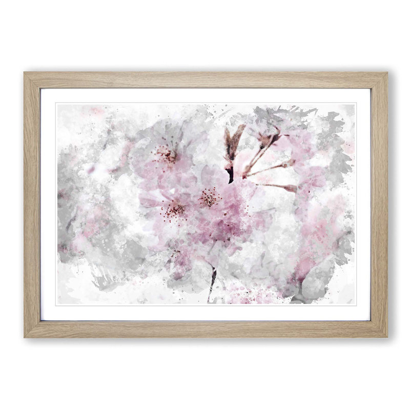 A Pretty Pink Cherry Blossom Tree in Abstract - Picture Frame Painting Print on MDF, 48cm H x 65cm W x 2cm D, Oak Framed