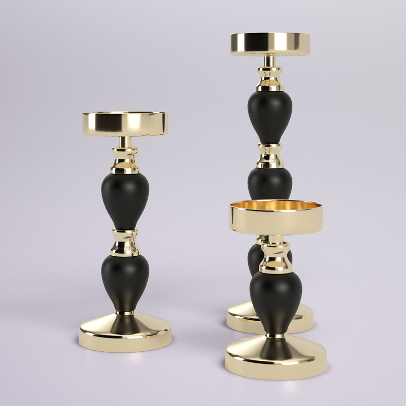 Talia Black and Gold Candlestick Taper Candle Holders - Set of 3