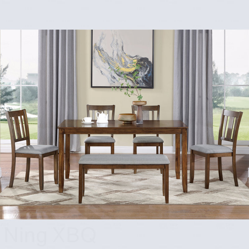 Ensemble de salle à manger de cuisine 6 pièces: table rectangulaire en bois et 4 chaises rembourrées + banc, pour 6 personnes