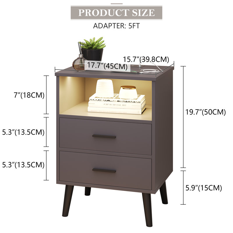 Boersma 45cm W Manufactured Wood Bedside Table, Gray/Black