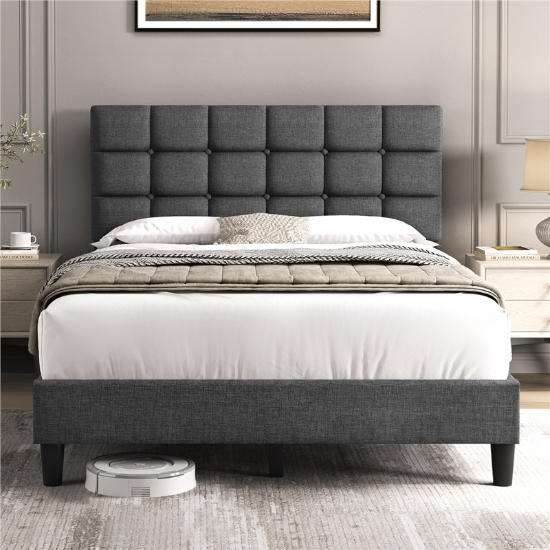 Lit plateforme tapissier Contemporary, Double, Gris foncé