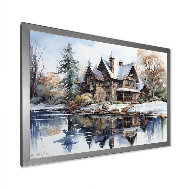 «Lakehouse In Winter Charm», reproduction sur toile, Cadre simple argenté, H 30 po x l 40 po x P 1,5 po