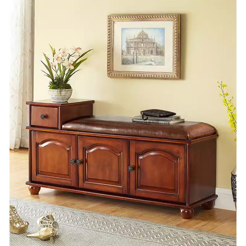 Solid Rubberwood Shoe Cabinet with Seating, 23.62" H x 47.24" W x 13.78" D, Brown