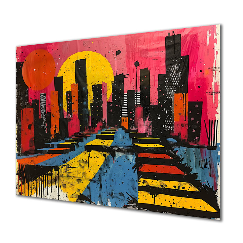 Impression d'art mural orange, rose, paysage urbain II - gratte-ciel, Métal métal, H 16 po x l 32 po