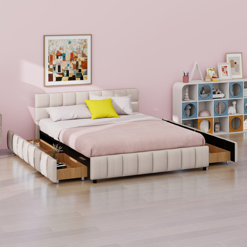Structure de lit moderne tapissier avec 4 tiroirs de rangement et tête de lit capitonnée à blocs, Beige