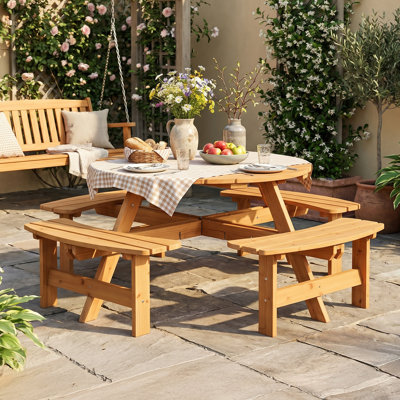 8-Seat Round Solid Wood Picnic Dining Set