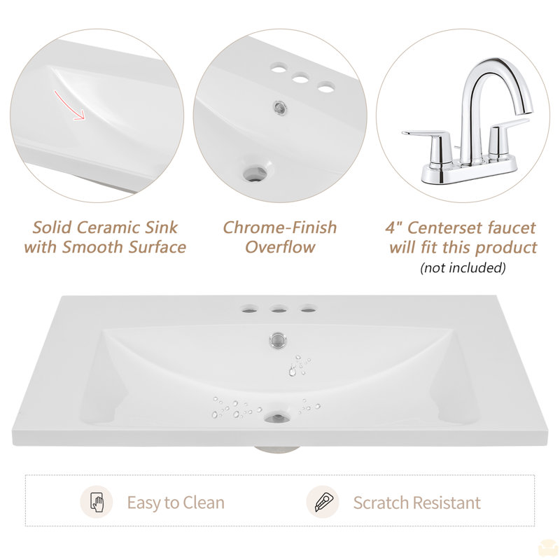 Plateau de meuble-lavabo simple 30 po avec lavabo blanc, 3 trous de robinet, céramique, 30"