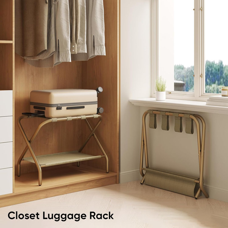 Ensemble de 2 porte-bagages pour chambre d'amis, support de valise pliable avec étagère à chaussures, facile à assembler, portable, support jusqu'à 110 lb, or