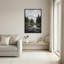 Art mural sur toile Misty Mountain River avec des pins et un ciel gris-133063497