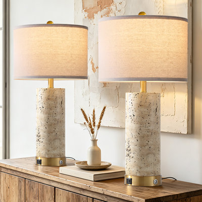Lampes de table organiques à contrôle tactile modernes avec texture d'inspiration travertine et abat-jour en lin, ampoules DEL incluses (ensemble de 2)