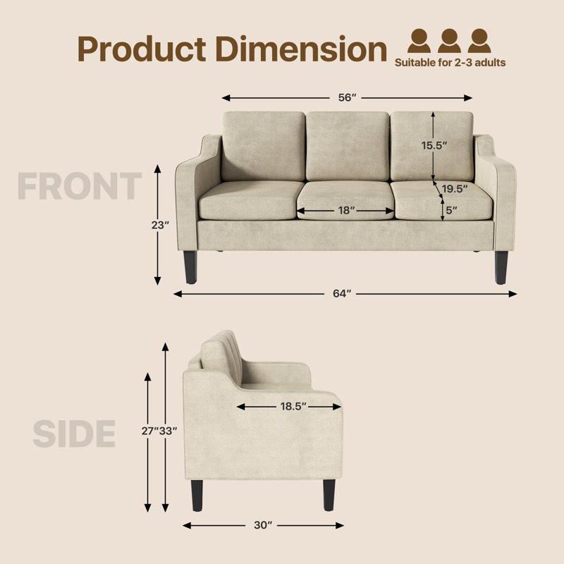 Upholstered 3-Seater Sofa, 3 Person Seat Couch With Scooped Armrest, Wood Legs And Removable Cushions, Beige