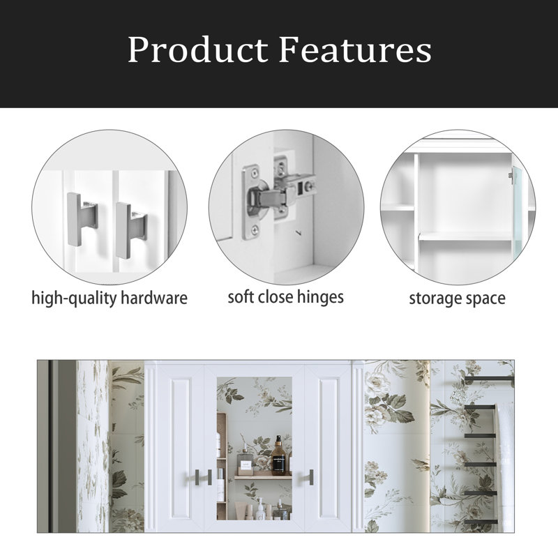 Armoire de salle de bain murale avec miroir, armoire à pharmacie murale avec 4 tablettes, armoire de rangement avec porte à miroir, blanc