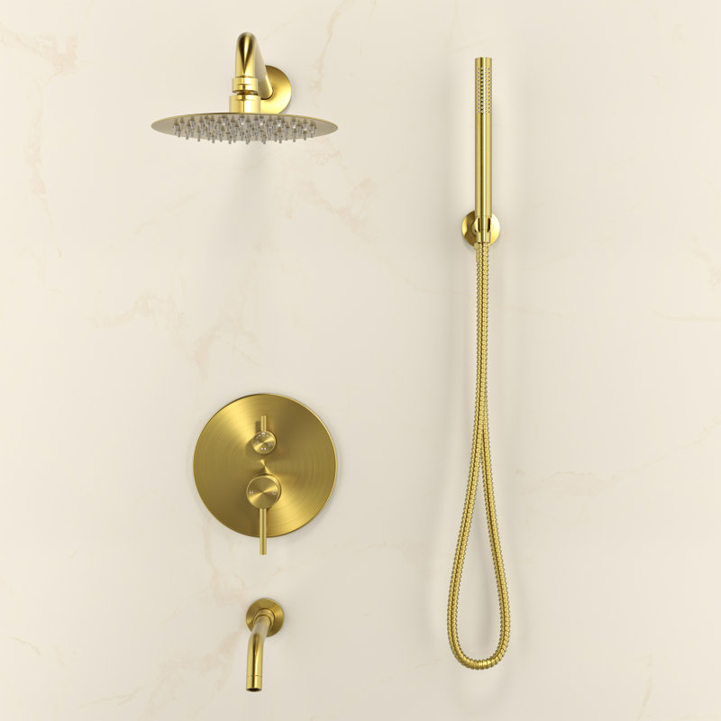 Ivy 1.8 GPM Wall Mount Fixed Shower Head With Hand Sprayer And Tub Filler, Valve Included, Brushed Gold
