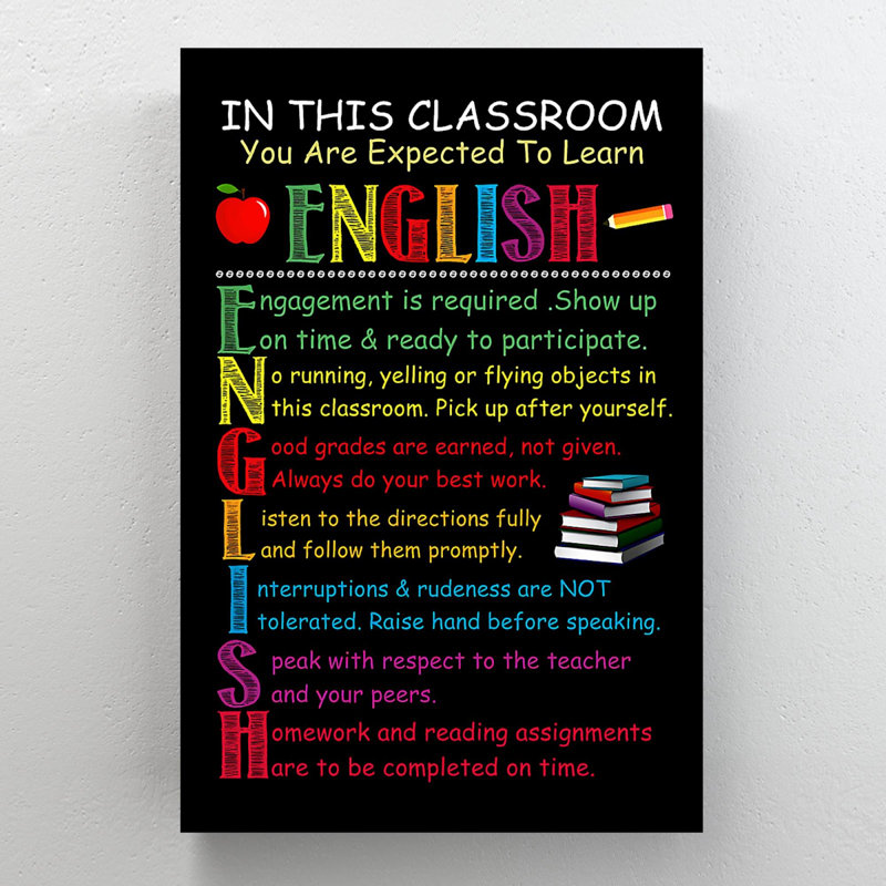 Classroom Rules - In This Classroom We Att espéré apprendre anglais - 1 pièce, impression d'art graphique rectangulaire sur toile tendue