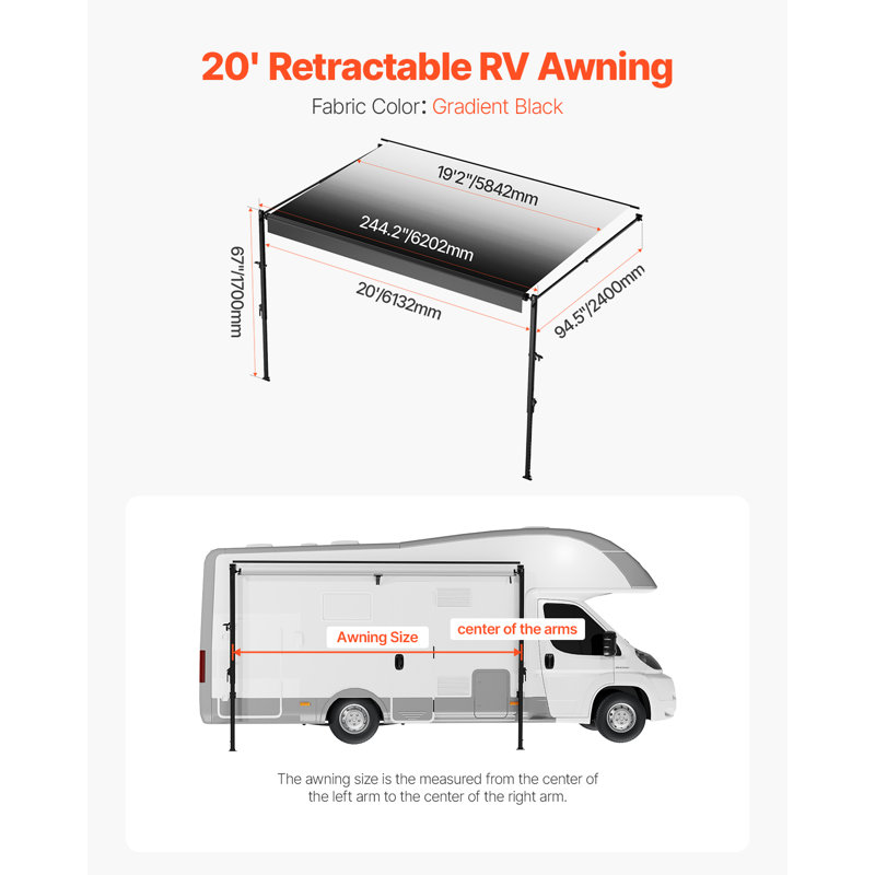 RV Replacement Awning Manual Trailer Awning for Most RVs, 170.2cm H x 620.3cm W x 240cm D