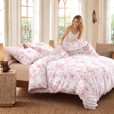 Reddish Brown Floral Comforter Set Queen Size, Dusty Pink Floral Bedding Set, 3 Pieces 100% Cotton Comforter with 2 Pillowcases, Soft Lightweight French Country Bedding Set All Seasons