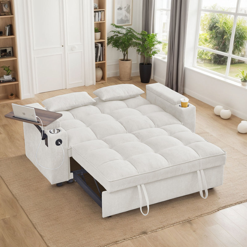 Chenille Convertible Loveseat with Storage Armrest, USB Port & Side Table, Beige Chenille