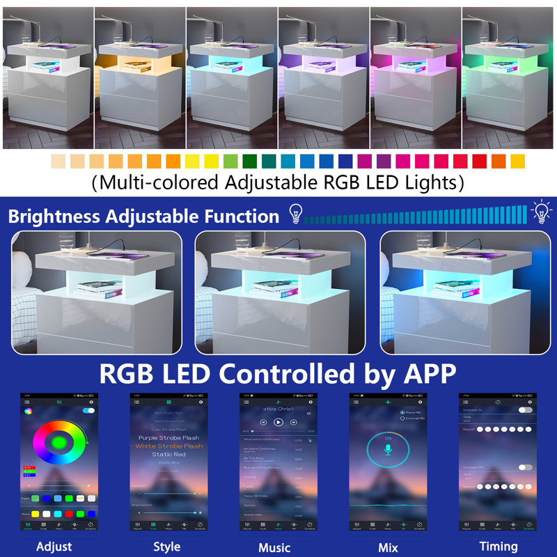 White High Gloss LED Nightstand with Wireless Charging and 2 Drawers