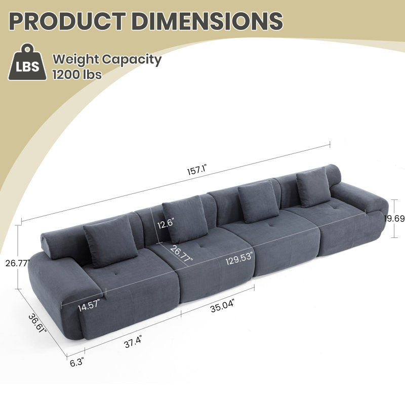 Boneless Corduroy Modern Compressed Block Sectional Couch, Gray