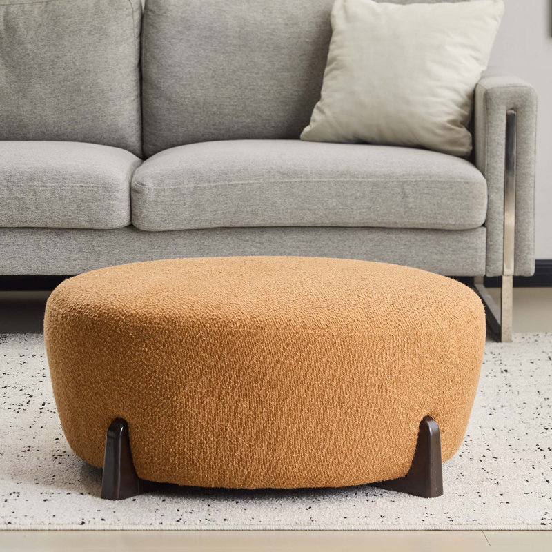 Modish Round Ottoman,Boucletop With Splayed Rubber Wood Legs, Pumpkin Orange, Brown