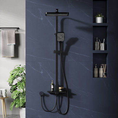 Modern Black Rain Shower System Without Faucet, Adjustable Stainless Steel Square Overhead 30x20.5cm, Built-in Shelf, High Pressure Compatible – Square Tube