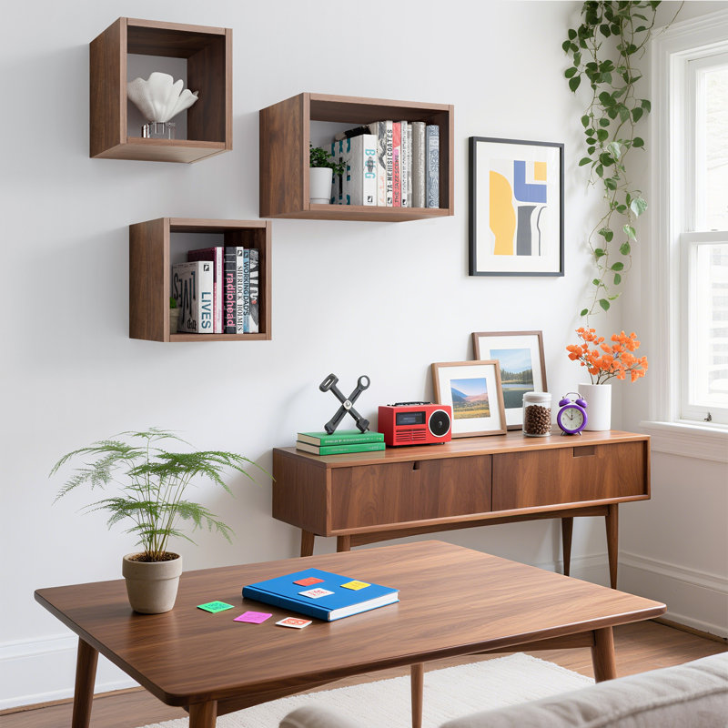  Ensemble de 3 tablettes murales cubiques flottantes pour la découverte de l'espace, noyer foncé, Noyer foncé