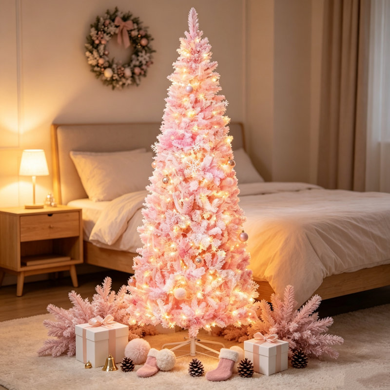 Arbre de Noël 7,5 pi en forme de crayon, arbre de Noël artificiel enneigé avec branches de pin réalistes, lumières DEL blanc chaud, conception à ouverture automatique, arbre de Noël mince ignifuge pré-éclairé pour la décoration des Fêtes