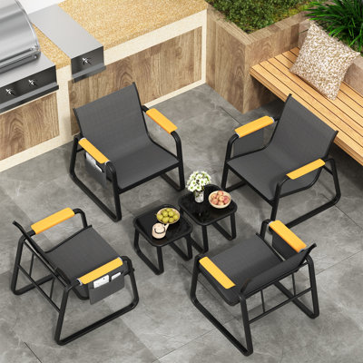 Ensemble de 6 bistro de patio pour l'extérieur, chaises en textilène avec accoudoirs larges et poches de rangement latérales, tables d'appoint en verre, ensemble de conversation toutes saisons pour terrasse, noir