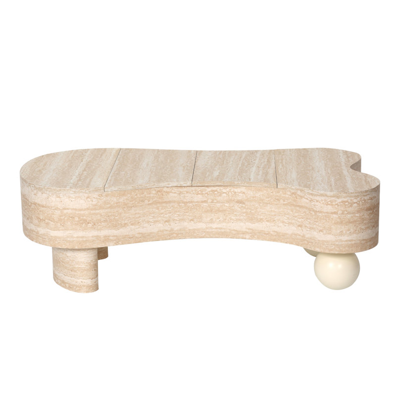Table basse irrégulière avec plateau rabattable et compartiment de rangement caché