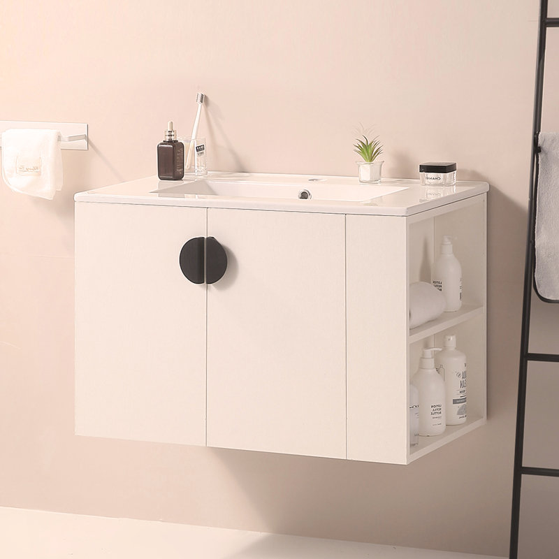Ensemble de meuble-lavabo 30 po avec lavabo, avec deux portes et meuble-lavabo avec tablette de rangement ouverte à gauche, en bois massif