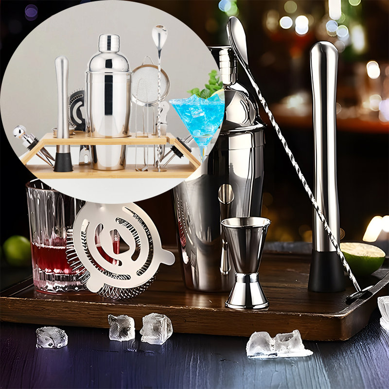 13 Piece Bartender Kit - Bar Tool Set Cocktail Shaker Set - With Rayon From Bamboo Stand