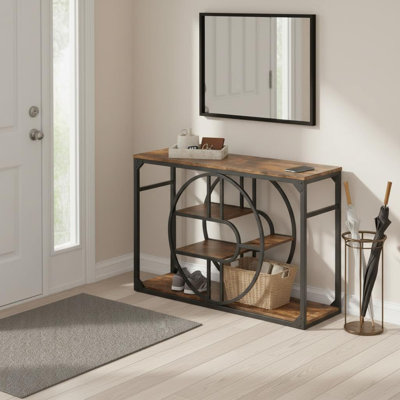  Table de hall d'entrée industrielle 55 po avec rangement à 5 niveaux, console en forme de o en métal pour petit vestibule / salon, table de canapé rustique étroite avec tablettes ouvertes pour le hall d'entrée et la maison