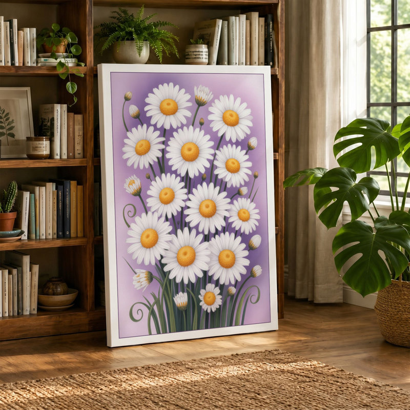 Daisies in Purple Vase Botanical - Wrapped Canvas, 30x20 - 76.2 x 50.8 cm, Sage Border
