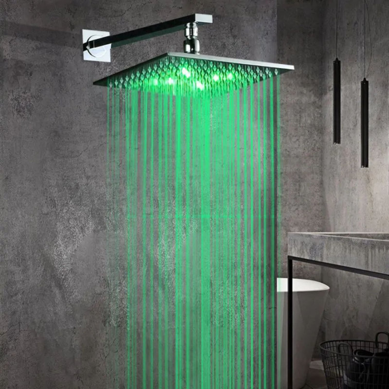 Juno 12-Inch Square LED Rain Shower Head Temperature-Sensitive Color-Changing, Chrome Finish