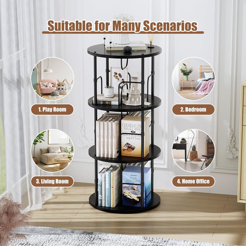 Rotating Bookshelf, 3 Tier Round Revolving Bookcase with Special Visible Partition Storage, 360° Display Spinning Small Bookshelf Tower Book Shelf Organizer for Bedroom