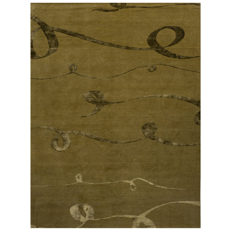 Tapis rectangulaire doré / ivoire / brun en soie / laine noué à la main, Rectangle 6 pi x 9 pi