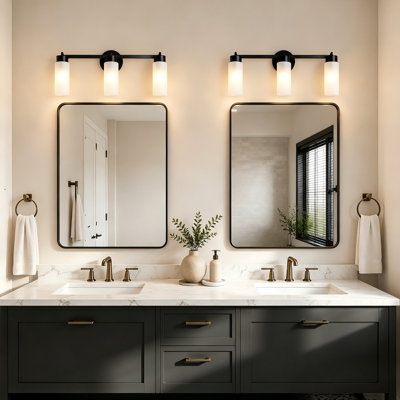 Luminaire de salle de bain à 3 lumières à intensité variable de 22 po à 3 lumières, lumière de meuble-lavabo noire moderne avec abat-jour cylindrique en verre dépoli à l'acide, applique murale pour salle de bain à barre linéaire, homologué UL, fixation vers le haut ou vers le bas réversible