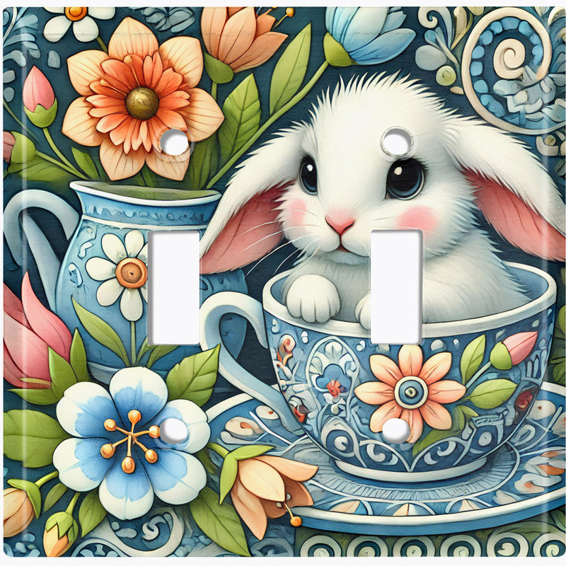 Couvercle de plaque d'interrupteur en métal; Bascule de taille standard US 2 Gangs - Lapin tasse de thé, Double # 2